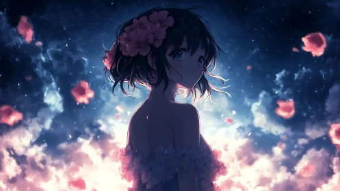 Moonlit anime girl stands amid glowing clouds and petals