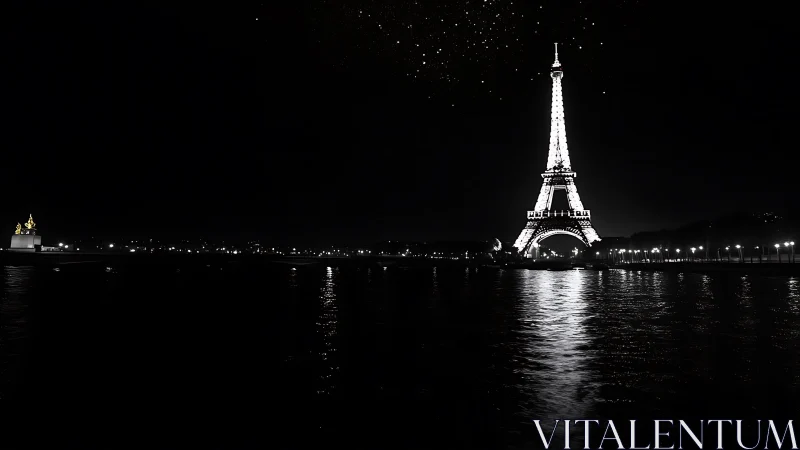 Eiffel Tower glows over Seine waters in dramatic monochrome.