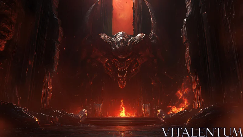Gigantic demonic beast looming in a fiery cavern throne room.
