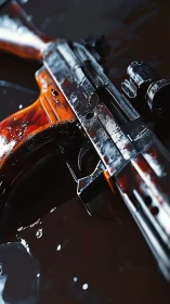 Vintage Rifle with Ornate Wood Stock Detailed Close-up.