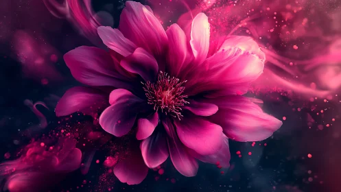 Vibrant Pink Flower Burst with Luminous Particle Effects