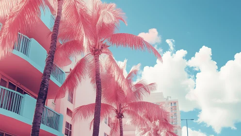 Pastel palm trees frame dreamy coastal apartments under clouds.