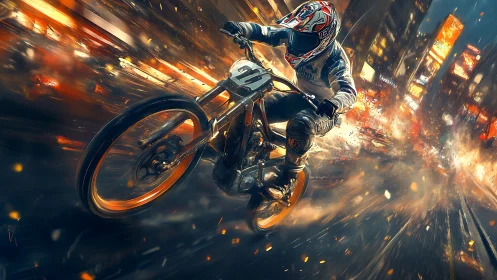 Motocross rider blasts through neon city at blazing speed.