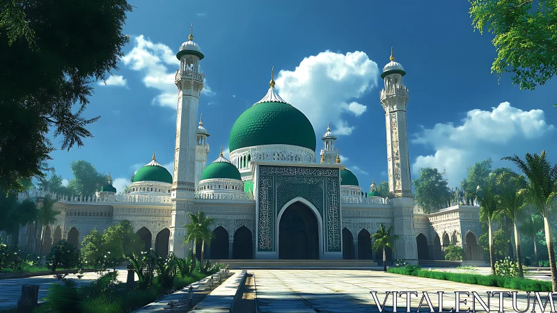 Sunlit mosque courtyard wrapped in vivid emerald domes.