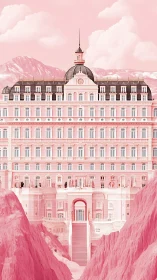 Candy alpine grand hotel rising amid pastel cliffs.
