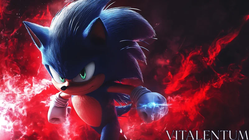 Blue anthropomorphic hedgehog in dynamic red energy field.