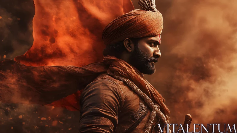 Warrior in orange turban stands in profile amid swirling dust
