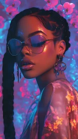 Stylish woman in neon light with braids and sunglasses.