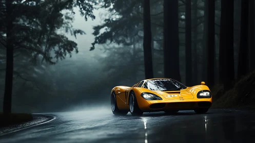 Low-slung yellow supercar on wet forest road under diffuse fog light
