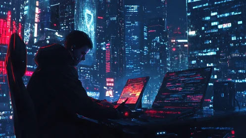 Cyberpunk hacker at multi-monitor desk in neon city night.