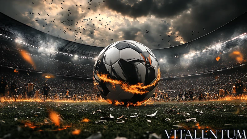 Soccer ball burns with fiery ring at center of packed stadium