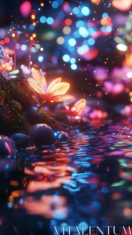 Bioluminescent flowers glow by neon-lit water in macro fantasy