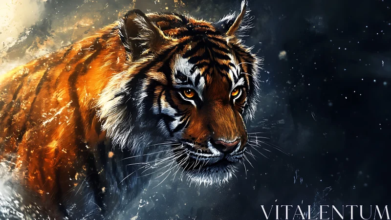 Tiger emerging through dynamic splashes and cinematic lighting.
