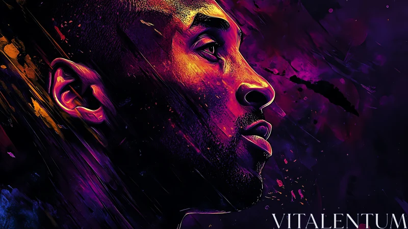 Bold side profile glows in vivid purple and orange light