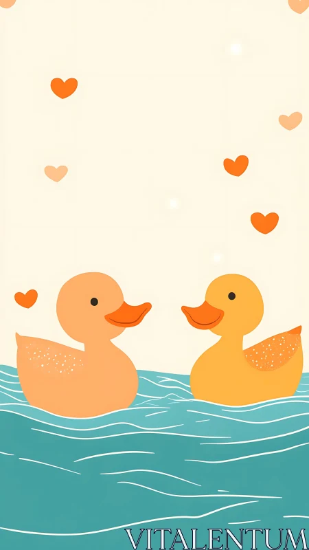 Two Rubber Ducks Floating in Water with Hearts
