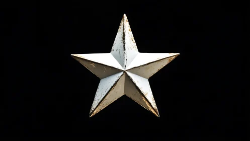 Weathered white metal star on deep black background.