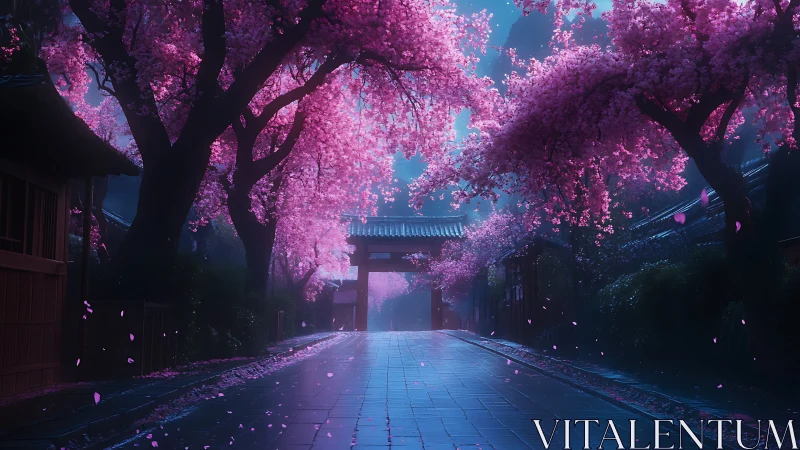 Digital painting of misty cherry blossom avenue at dusk.