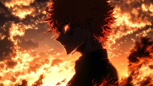 Fiery sunset anime profile with glowing focused gaze.