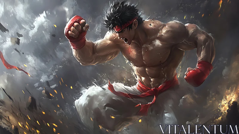 Dynamic martial arts fighter in cinematic digital painting style.