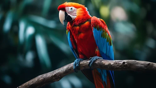 Vibrant Scarlet Macaw Perched on Branch, Lush Jungle Background.