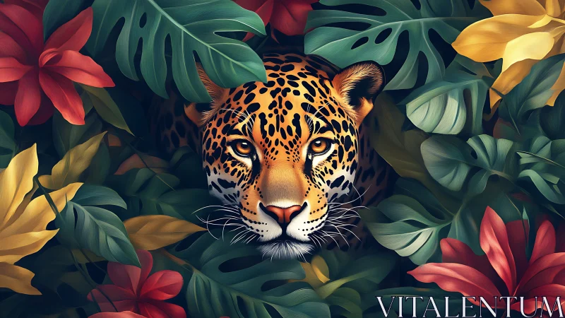 Jaguar head is centered within dense stylized tropical foliage