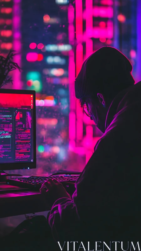 Person types at desktop workstation beside neon city window