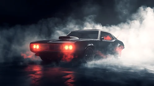 Muscle car silhouette in red fog on dark wet asphalt.