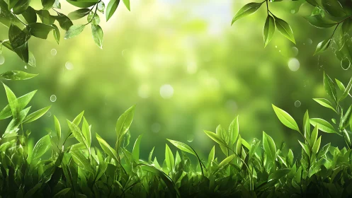 Sunlit foliage border framing luminous green bokeh field.