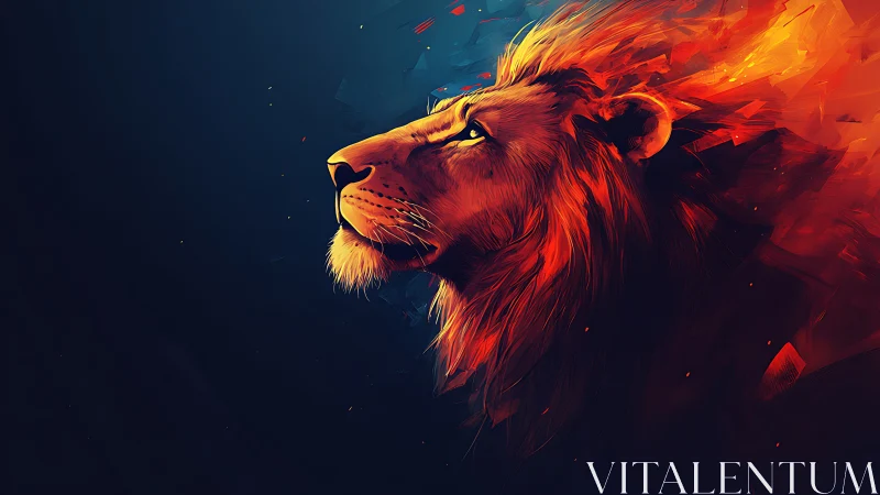 Fiery digital lion profile with intense abstract mane.