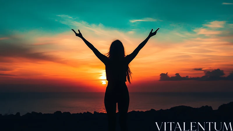 Silhouetted figure embraces vivid ocean sunset gradient