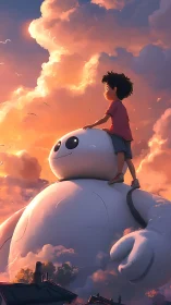 Boy rides gentle robot beneath towering sunset clouds