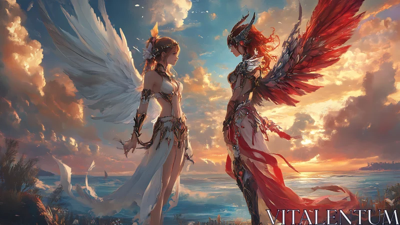 Winged female figures facing at shoreline during sunset.