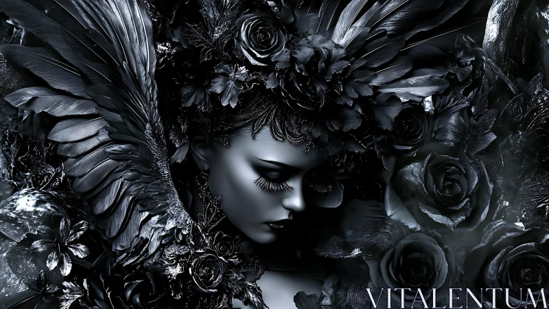 Nocturnal rose goddess crowned in baroque black plumage.