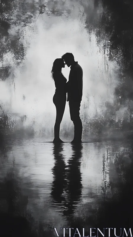 Silhouetted figures kissing against textured monochromatic background