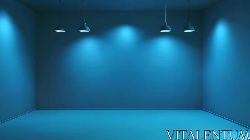 Monochrome cyan room renders precise pendant lighting study