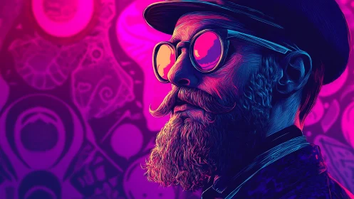 Neon-lit bearded portrait renders stylized cyber-psychedelic profile