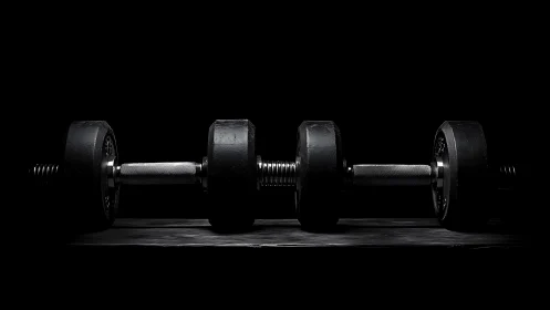 Steel dumbbell rests like a quiet moon of midnight muscle