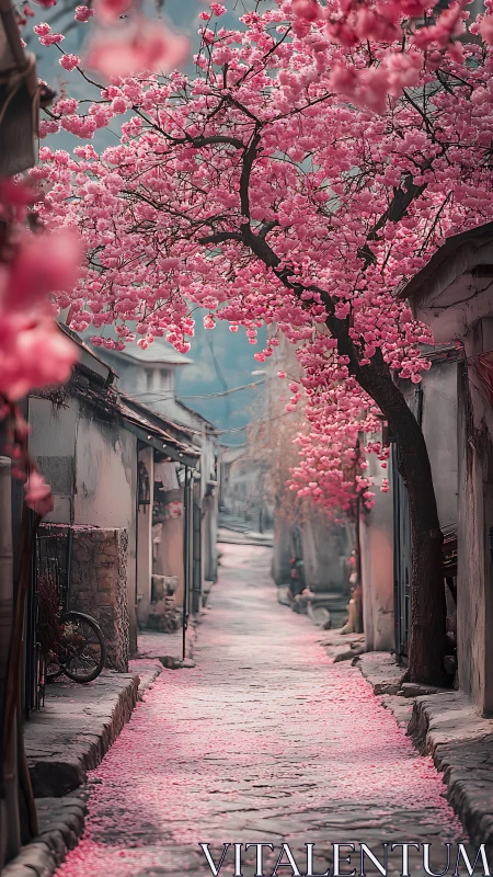 Quiet stone lane under a dreamy canopy of pink blossoms.