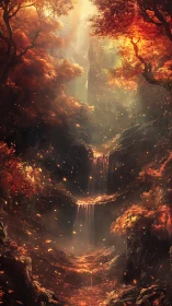 Luminescent Waterfall: Infernal Forest Canyon with Radiant Light.