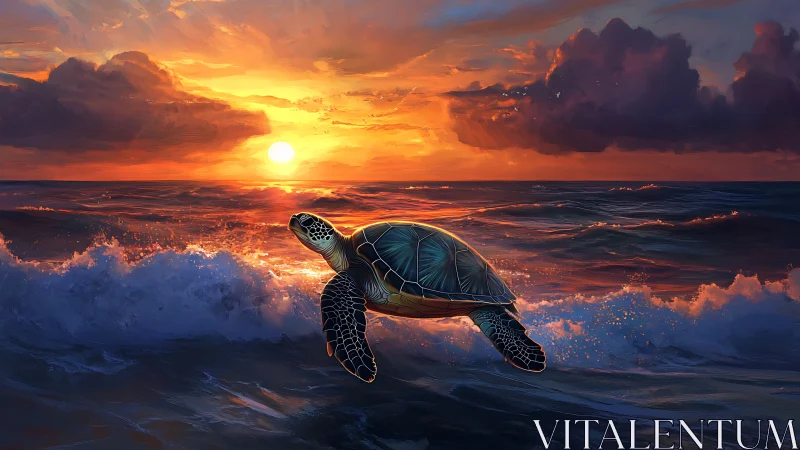Marine turtle breaching sunlit waves under saturated sunset sky