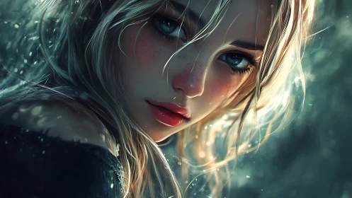 Gaze in the misted glow, luminous portrait of a girl.