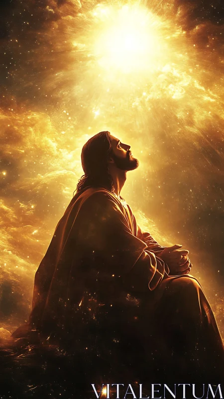 Luminous robed figure under concentrated stellar radiance field.