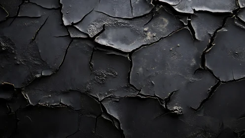 Cracked matte black surface reveals layered tectonic textures