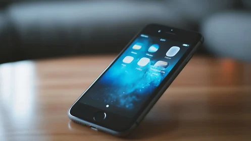 Smartphone displaying app icons on wooden surface.