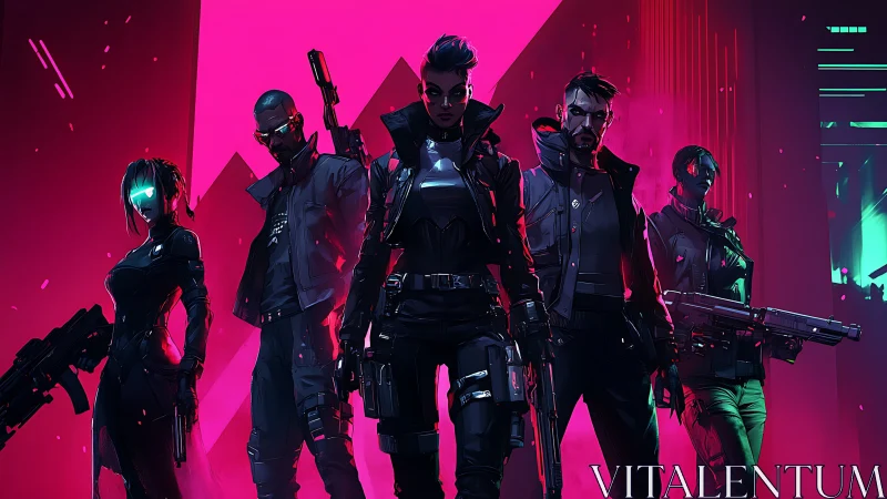 Cyberpunk strike team advances through neon city glare