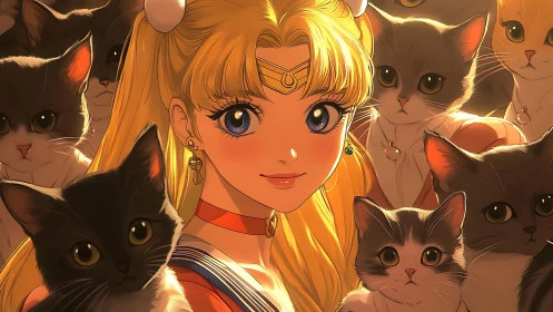 Golden-Haired Girl Surrounded by Loving Cats.