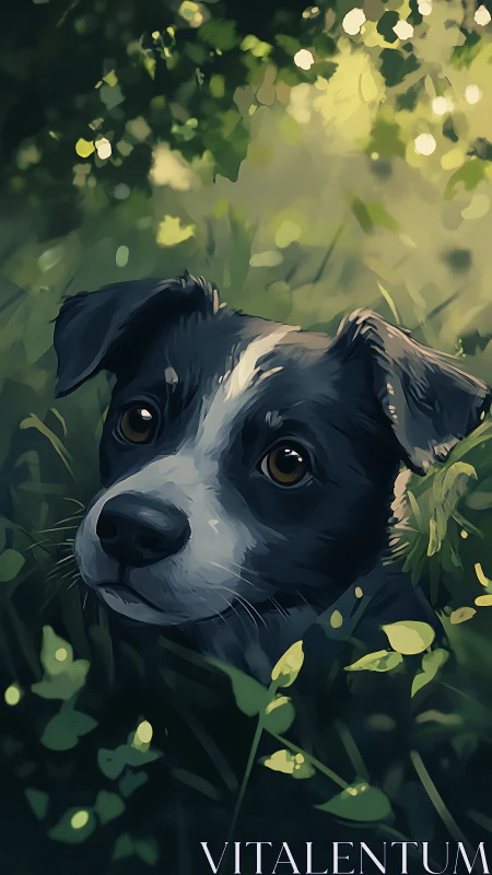 Gentle black and white puppy resting in soft forest light.