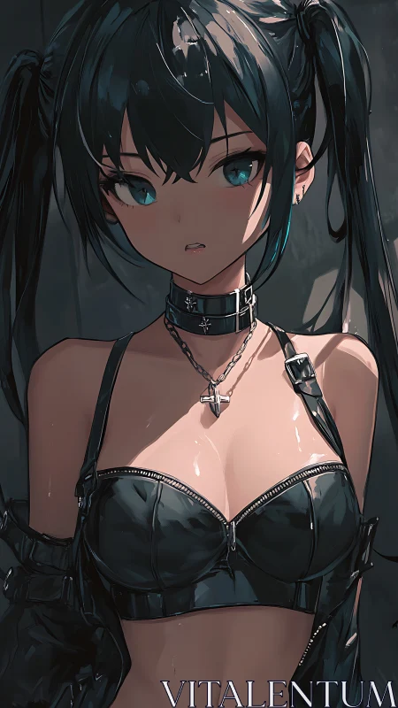 Dark-haired punk girl in glossy leather crop top portrait.