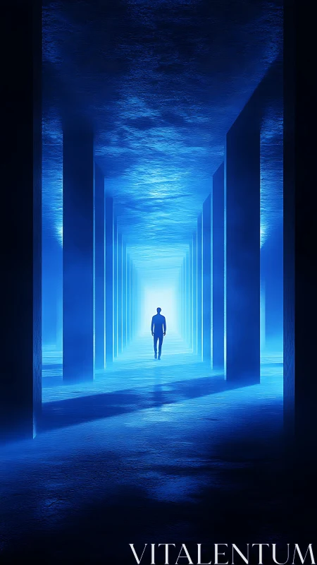 Solitary figure advances through luminous blue corridor space
