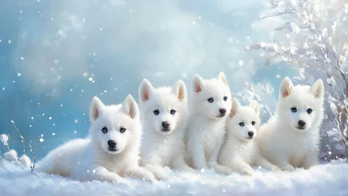 Snowy white puppies sharing cozy winter wonder together.